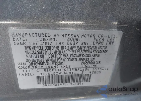 2020 Nissan Versa S Xtronic Cvt from USA, damaged, VIN 3N1CN8DV7LL912394